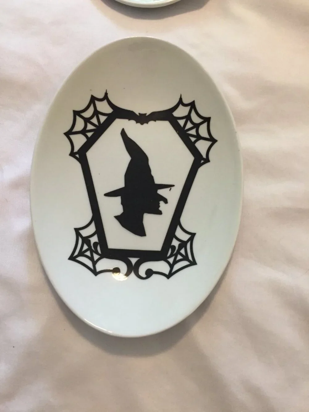 Crate & Barrel Halloween Appetizer Plates Set of 4 Witch Silhouettes Bat, Spider